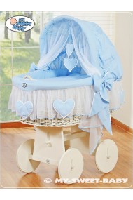Cuna moisés bebé de mimbre Corazones - Azul-Blanco