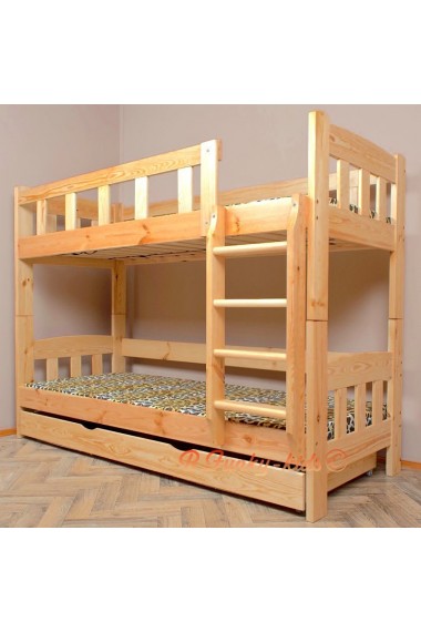 Cama litera de madera maciza Inez con cajón y colchones 200x90 cm